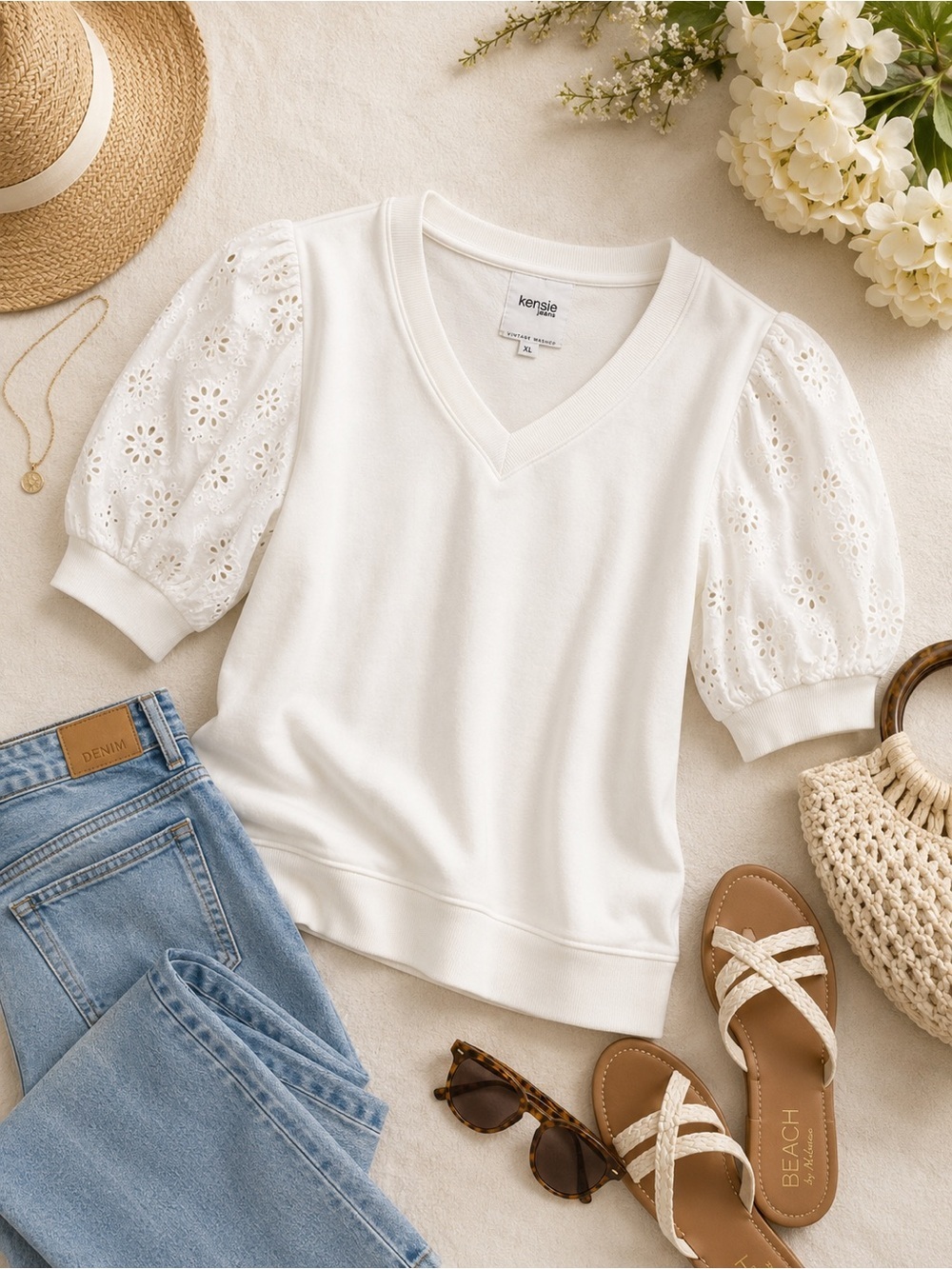 Kensie Jeans | White Eyelet Puff Sleeve Sweatshirt Top | XL Coastal Cottagecore - Picture 2 of 6